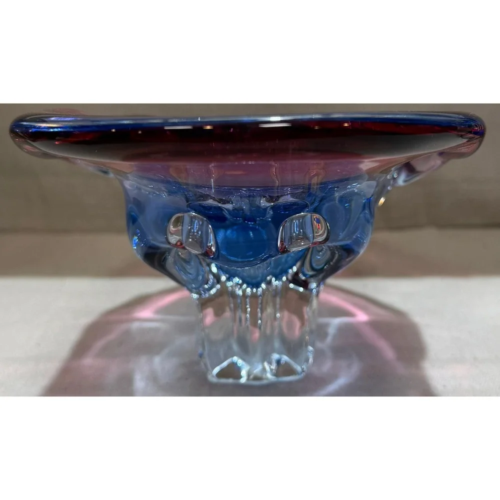 Vintage Czech Sommerso Art Glass Pedestal Bowl Pink Blue MCM Centerpiece